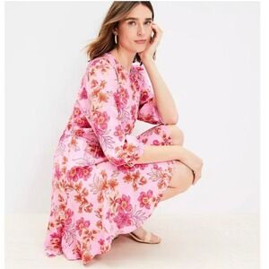 LOFT Lily Godet Puff Sleeve Mini Flare‎ Dress Pink Size Large